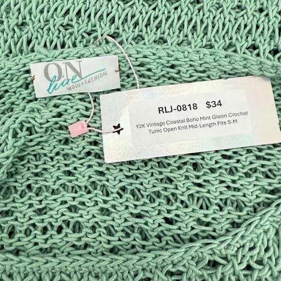 Y2K Vintage Coastal Boho Mint Green Crochet Tunic Open Knit Mid-Length Fits S-M - Picture 4 of 4